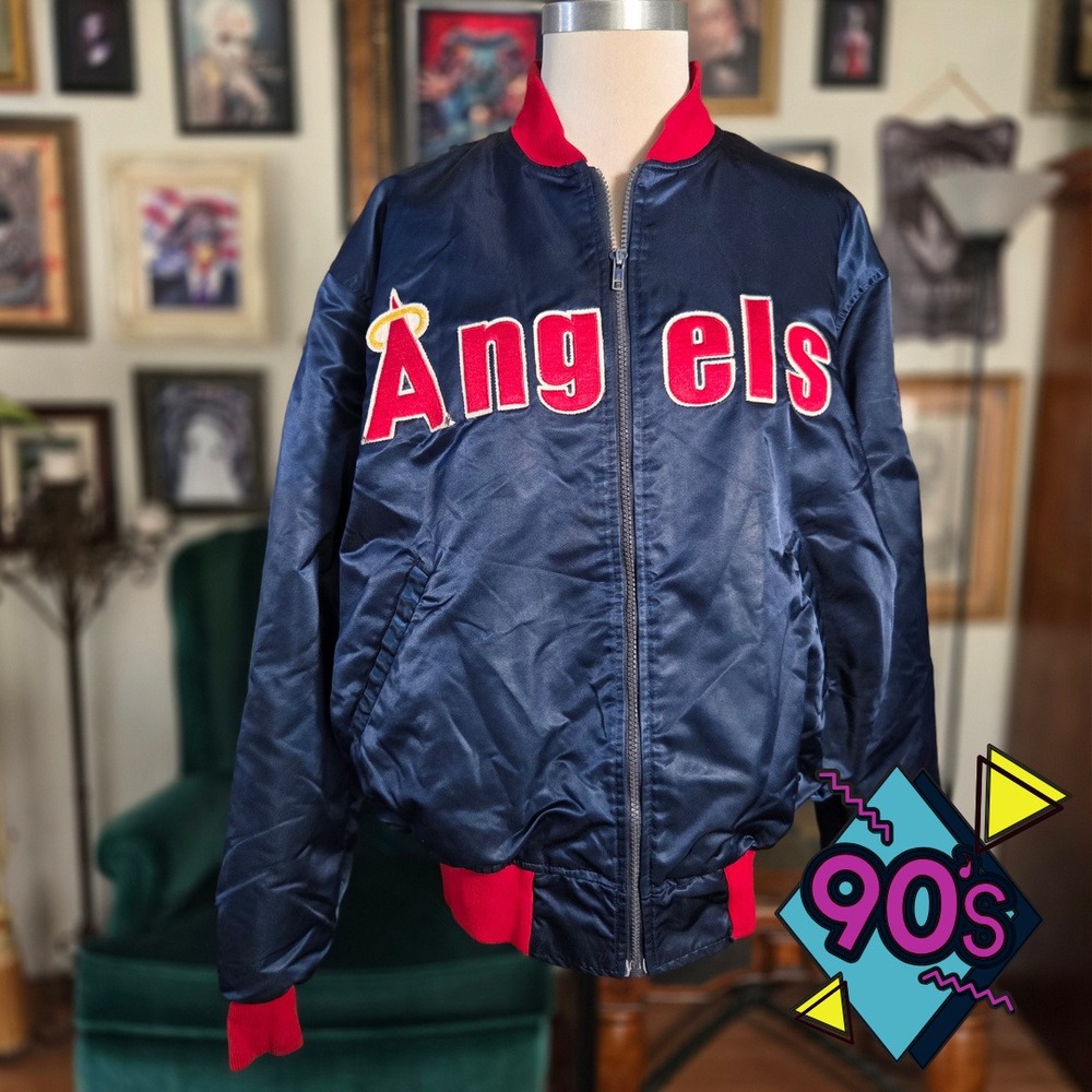 Angels Starter Jacket Vintage 90s MLB Satin Bomber Navy Blue Red Mens XL Coat